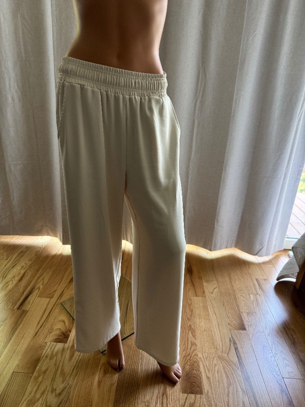 Melloday Cream Wide Leg Pull-On Pants with Smocked Waist - M